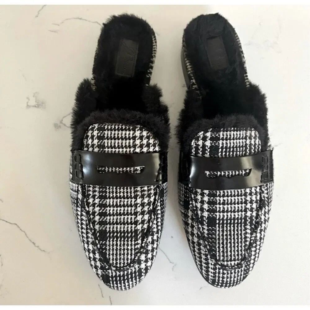 J Crew Academy faux fur loafer mule glen plaid size 7.5